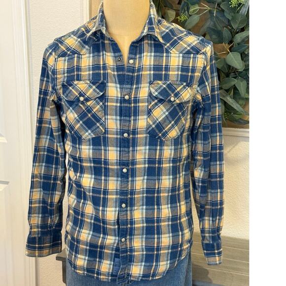 LUCKY BRAND True Indigo Plaid Pearl Button Western Cowboy Shirt Top Men's S - Picture 1 of 8